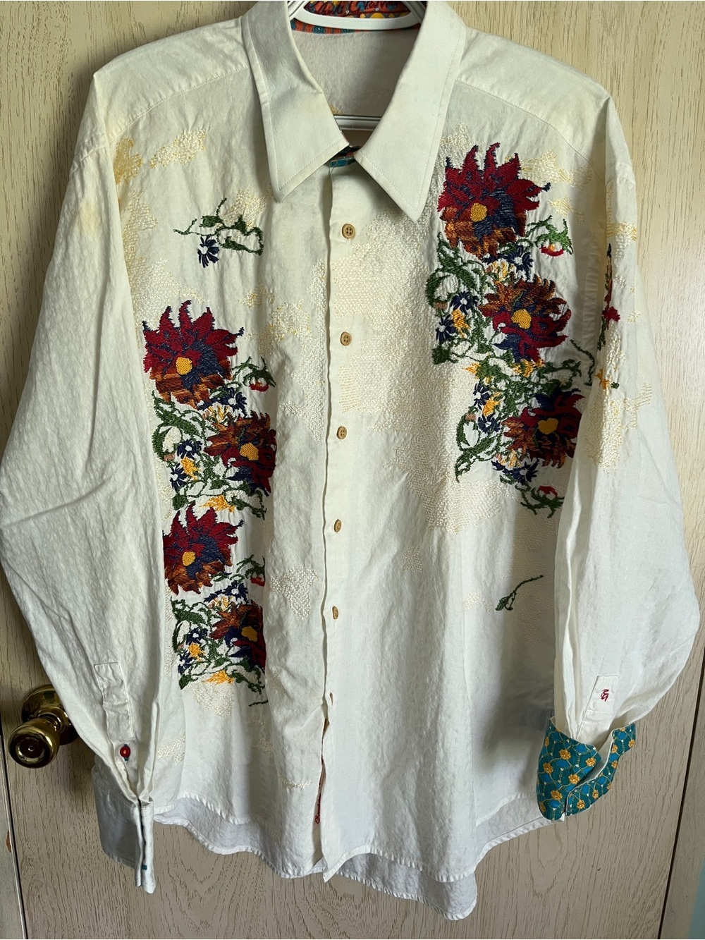 ROBERT GRAHAM Size XL Cream Multi Color Embroidery Cotton Shirt Limited Ed READ